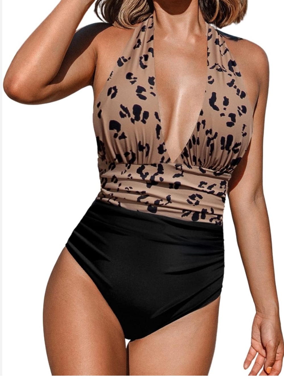 Cupshe Leopard Halter V-Neck One-Piece Swimsuit - Tan & Black